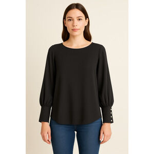 Ann Taylor Black Chiffon Crepe Pearl Button Cuff Mutton Sleeve Classic Blouse XS